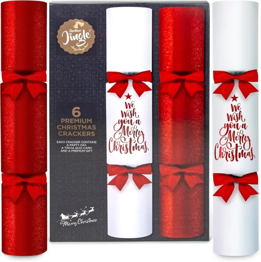 6 red and white Christmas crackers, 36 cm, velvet bows, quiz cards
