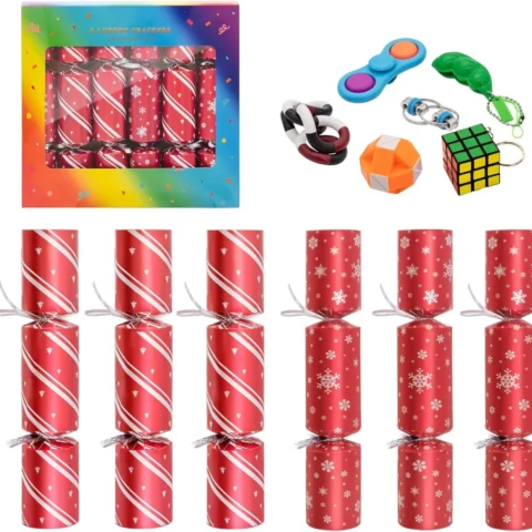 6 red Christmas crackers, 12 in (30 cm), with a toy, hat and joke