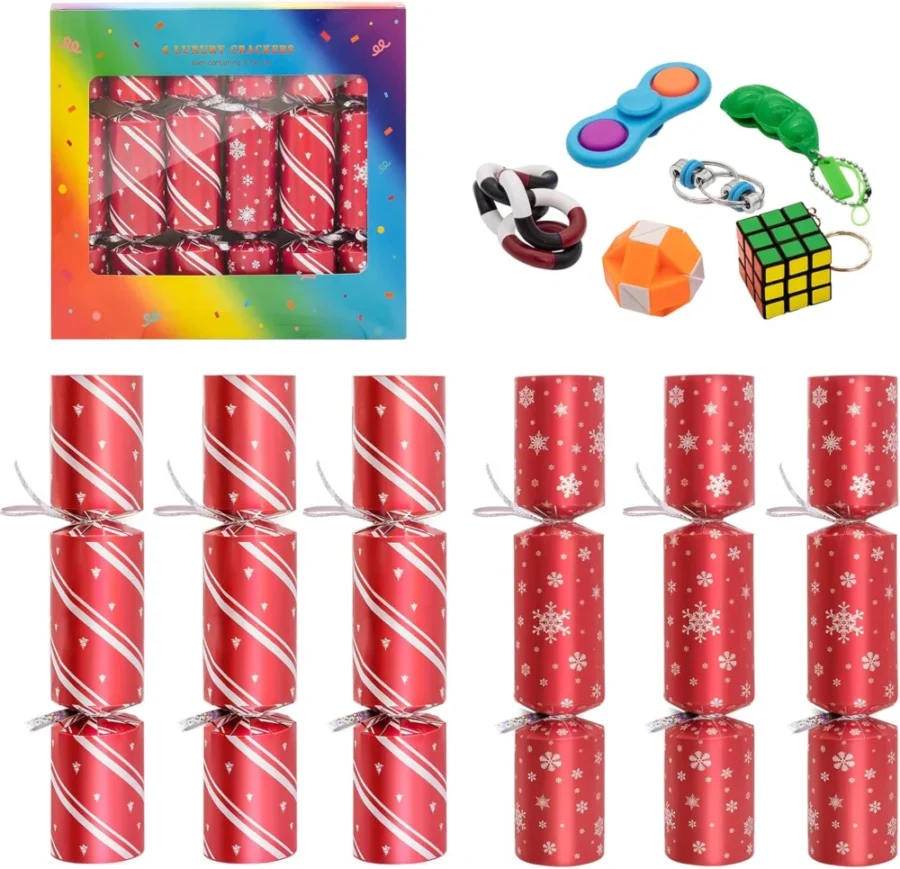 6 red Christmas crackers, 12 in (30 cm), with a toy, hat and joke