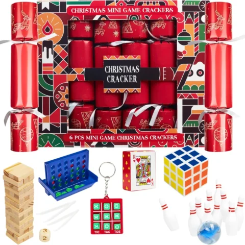 6 red Christmas crackers with mini family games, hats and jokes