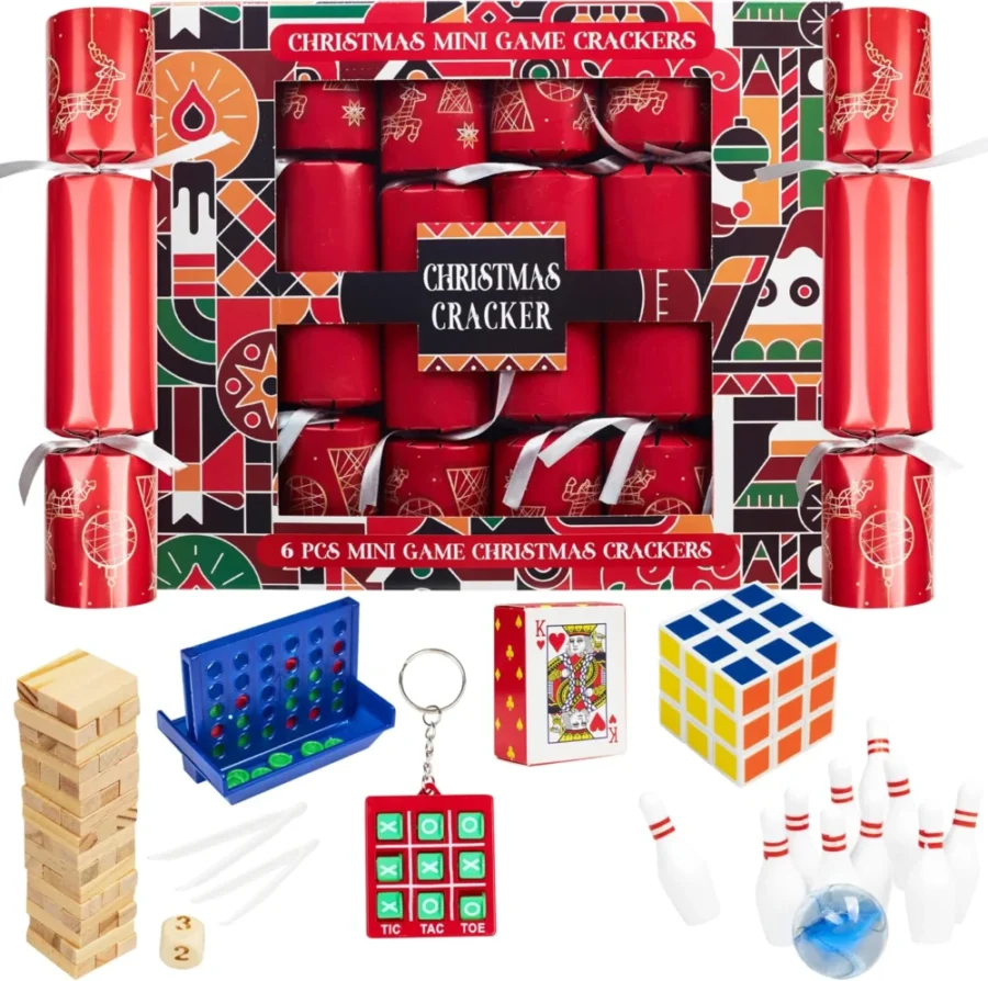 6 red Christmas crackers with mini family games, hats and jokes