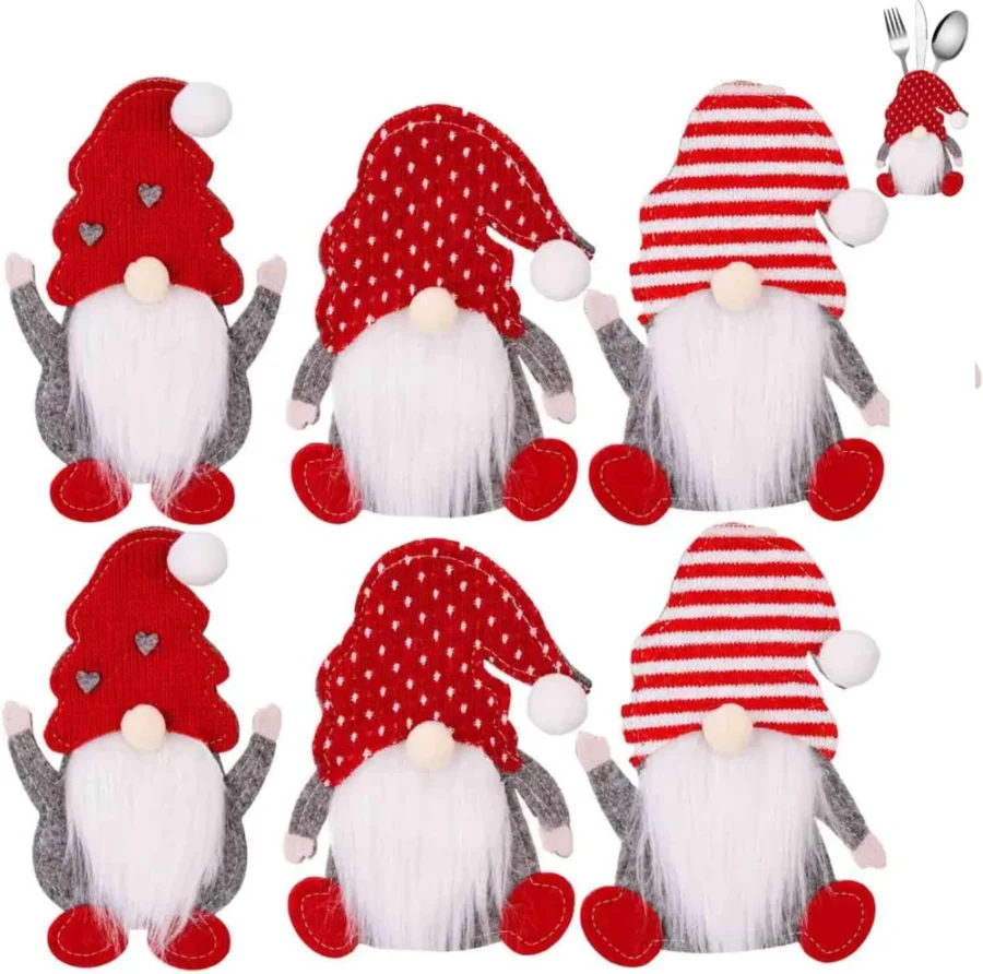 6 red gnome Santa cutlery holders in reusable non-woven fabric