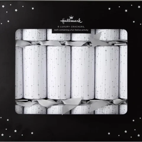 6 silver and white speckled Christmas crackers, 32 cm, grey ribbon