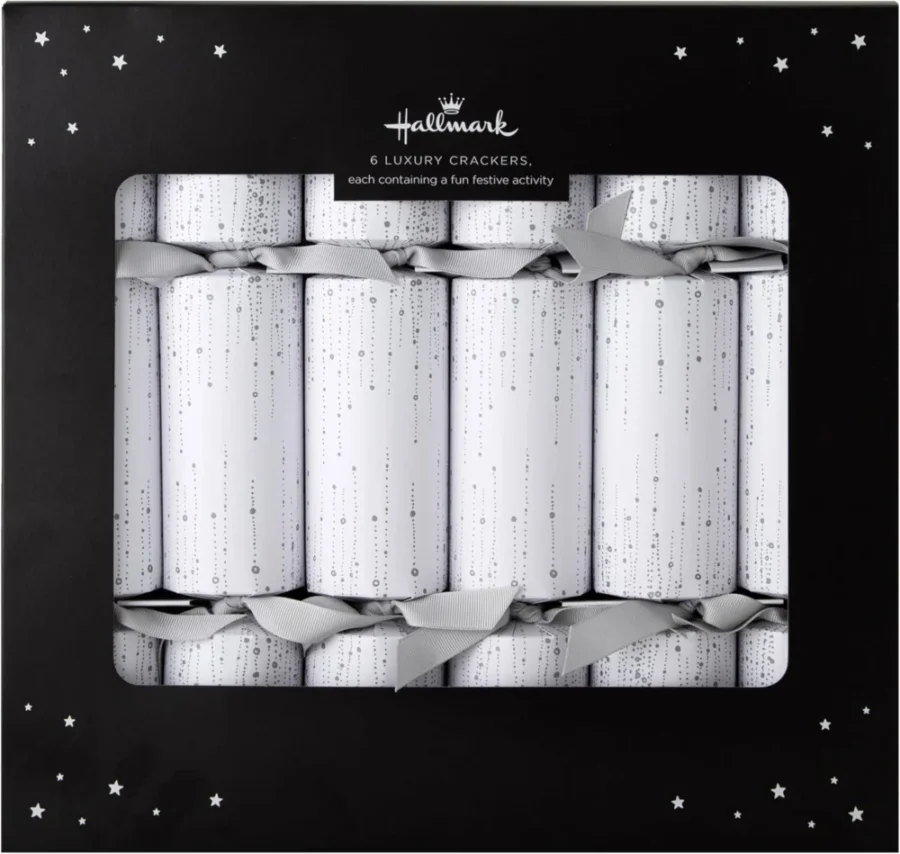 6 silver and white speckled Christmas crackers, 32 cm, grey ribbon