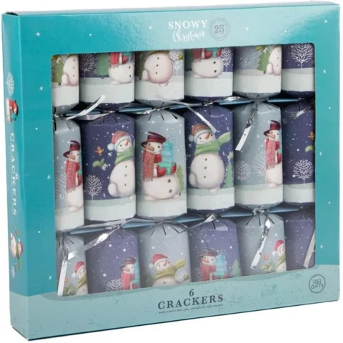 6 snowman Christmas crackers with silver bows, hats, mottos and snaps