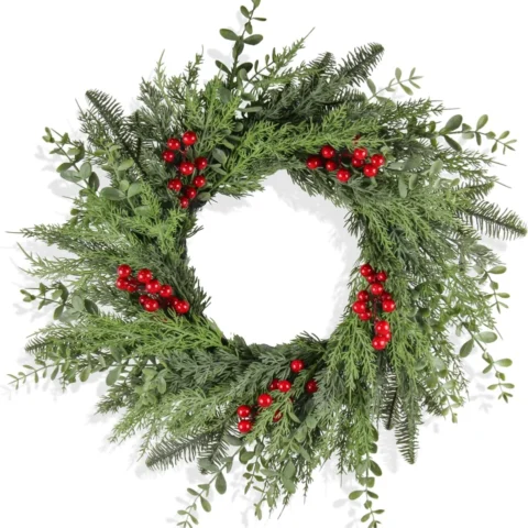 60 cm pine and cedar wreath with red berries and eucalyptus
