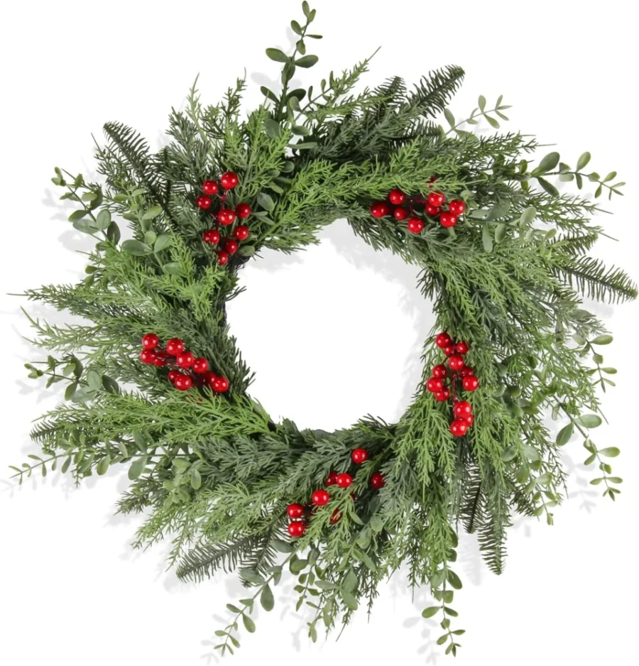 60 cm pine and cedar wreath with red berries and eucalyptus