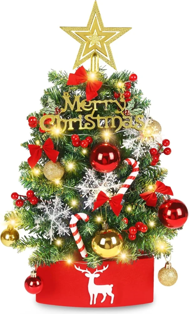 60 cm tabletop Christmas tree set with baubles, tinsel and lights
