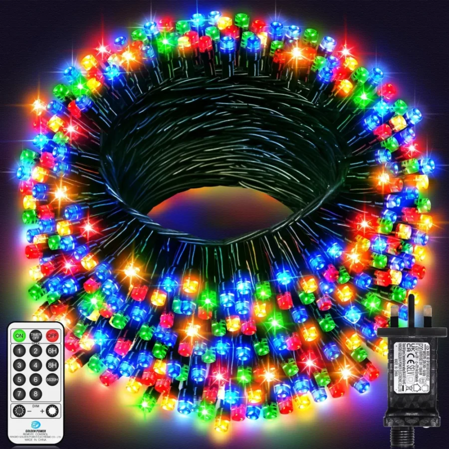 60 m multicolour fairy lights, 500 LEDs, green wire, mains plug-in