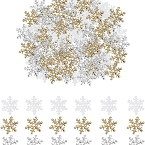 600 glitter snowflake confetti pieces in silver, gold and white, 2 cm