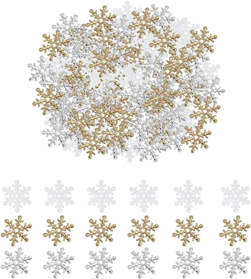 600 glitter snowflake confetti pieces in silver, gold and white, 2 cm