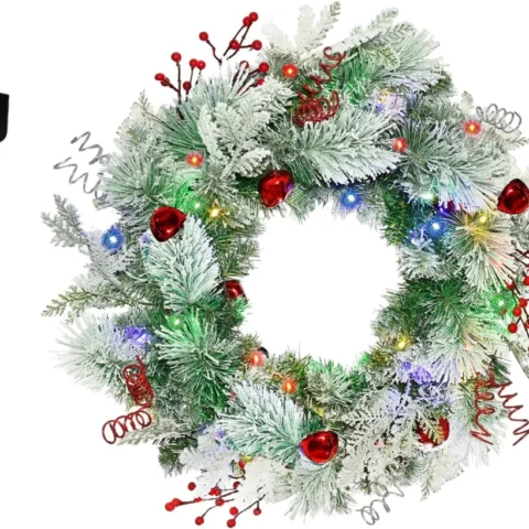 61 cm pre-lit snowy Christmas wreath, 40 lights, bells, hooks