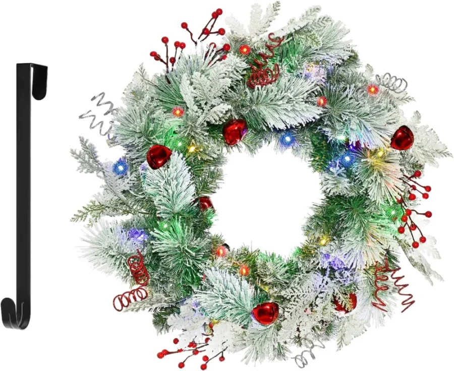 61 cm pre-lit snowy Christmas wreath, 40 lights, bells, hooks