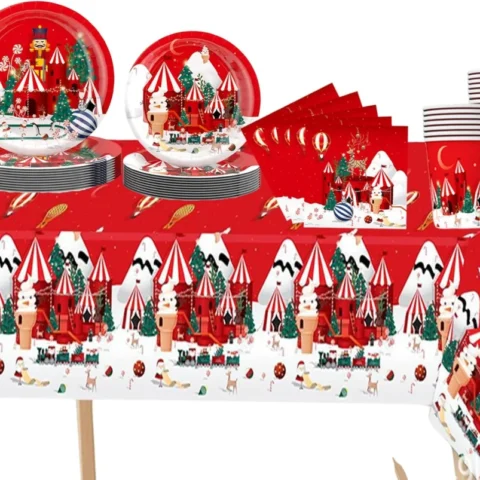 69-piece Christmas nutcracker party set with tablecloth and plates