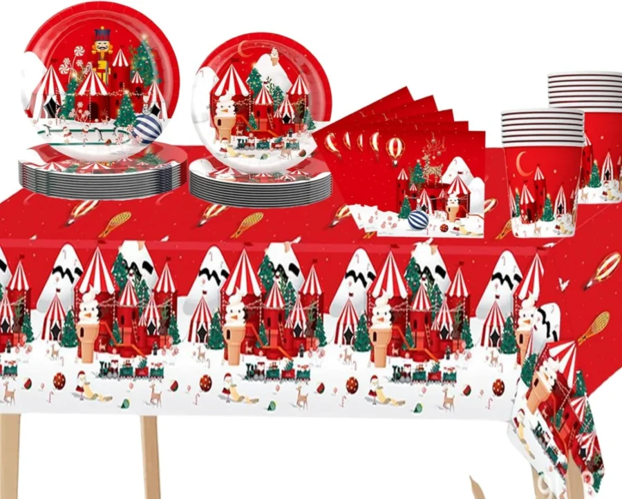 69-piece Christmas nutcracker party set with tablecloth and plates