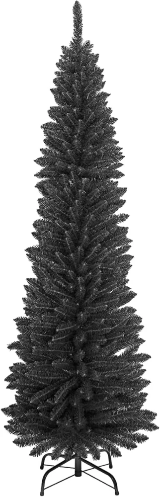 6ft black slim pencil Christmas tree, 650 tips, metal stand