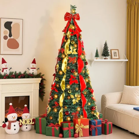 6ft pop-up pre-decorated Christmas tree, 150 LEDs, balls and bows