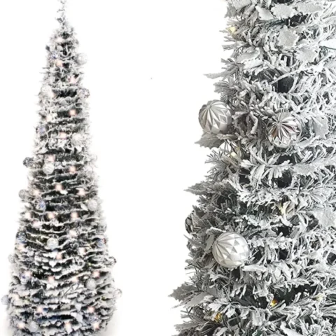 6ft pop-up snow flocked Christmas tree, pre-decorated, 100 warm LEDs