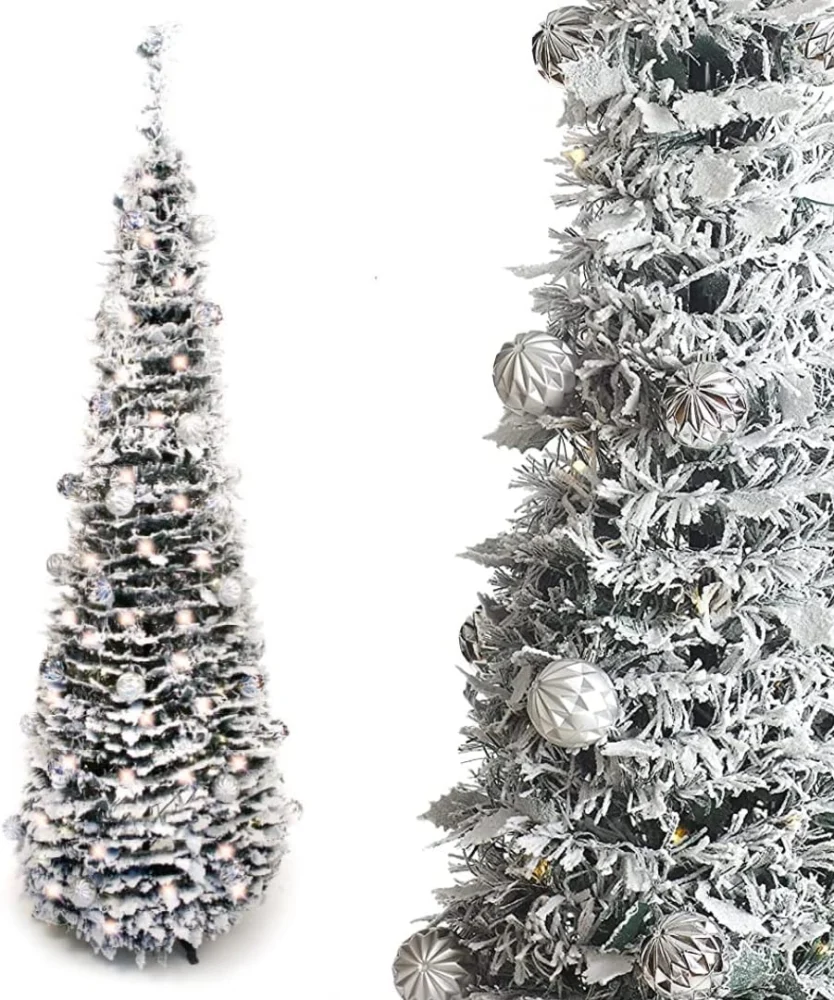 6ft pop-up snow flocked Christmas tree, pre-decorated, 100 warm LEDs