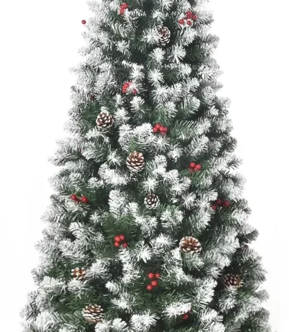 6ft snow flocked pencil Christmas tree with red berries and cones