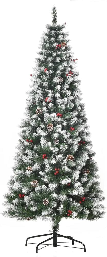 6ft snow flocked pencil Christmas tree with red berries and cones