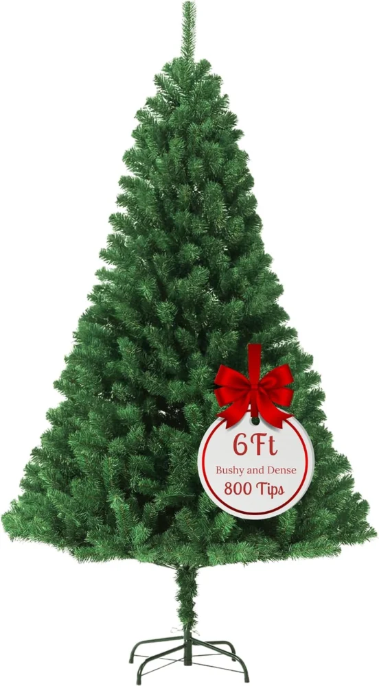 6ft unlit artificial Christmas tree, 800 PVC tips, folding metal stand