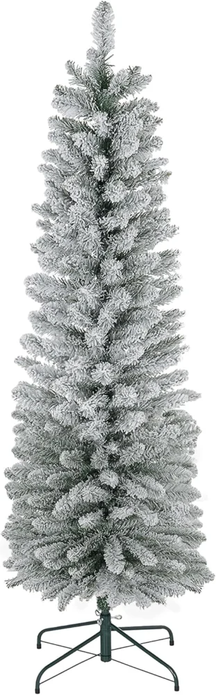 6ft white snow flocked pencil Christmas tree, 329 tips, metal base