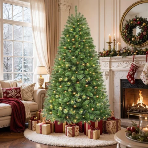 7 ft pre-lit hinged Christmas tree, 300 warm white LEDs, 13 modes