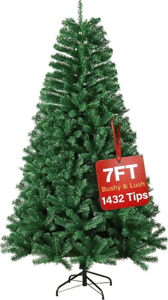 7 ft unlit hinged Christmas tree, 1432 tips, 3 sections, metal stand