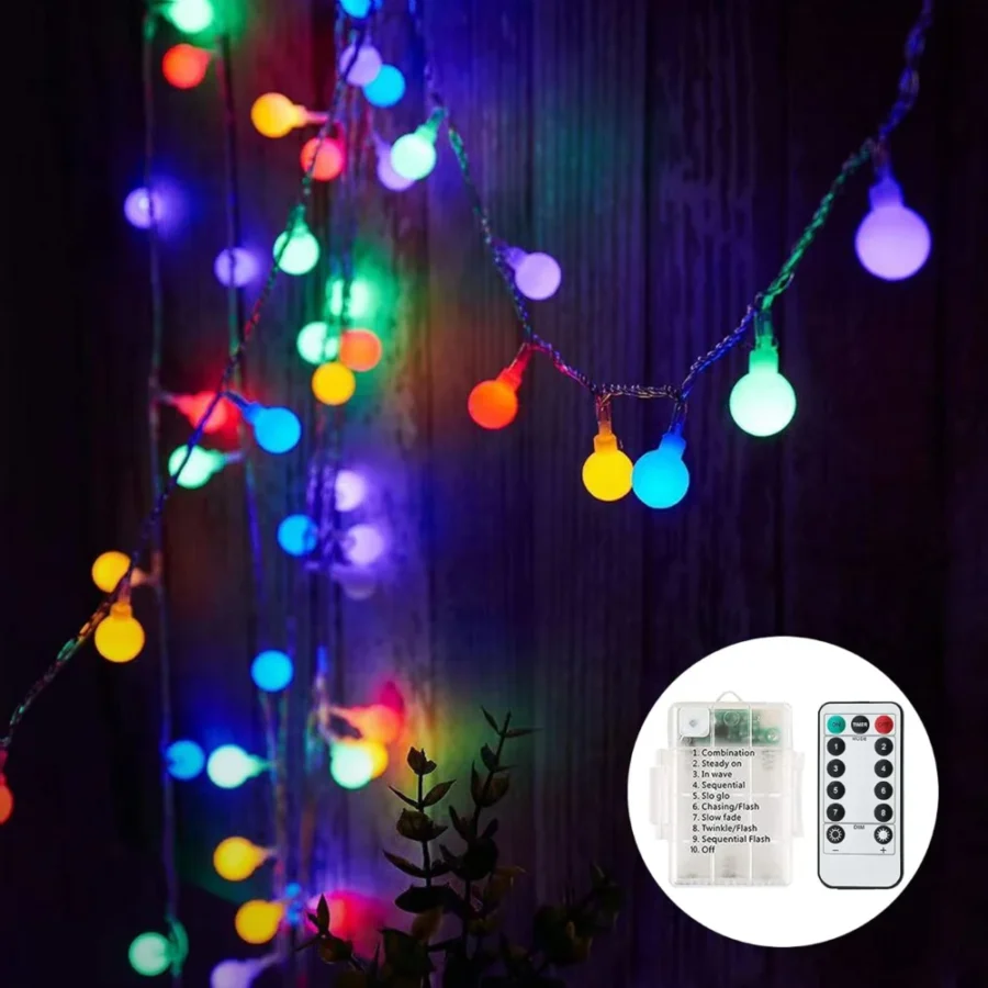 7 m multicolour globe fairy lights, 60 LEDs, battery with remote