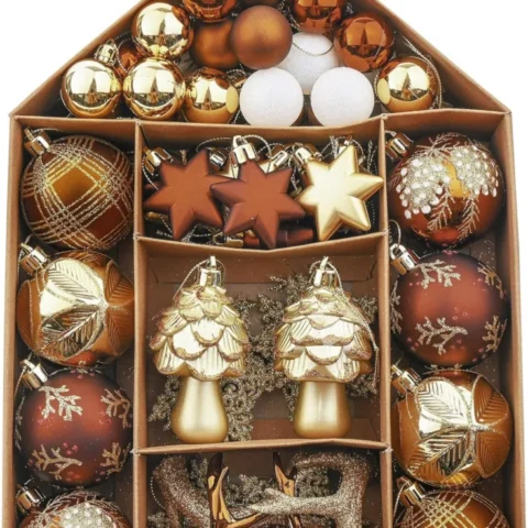 70 woodland baubles in copper and gold, 3 to 9 cm, with topper