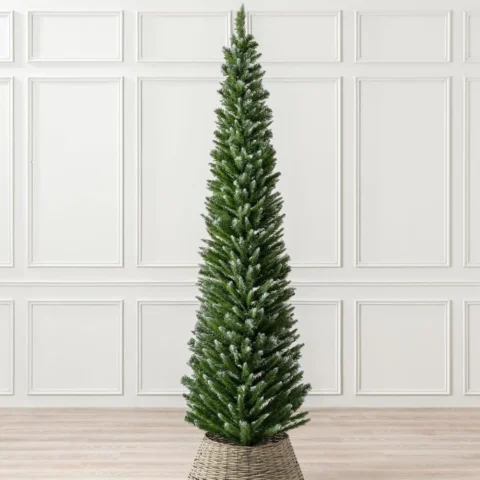 7ft frosted pencil Christmas tree, 55 cm wide, green plastic stand