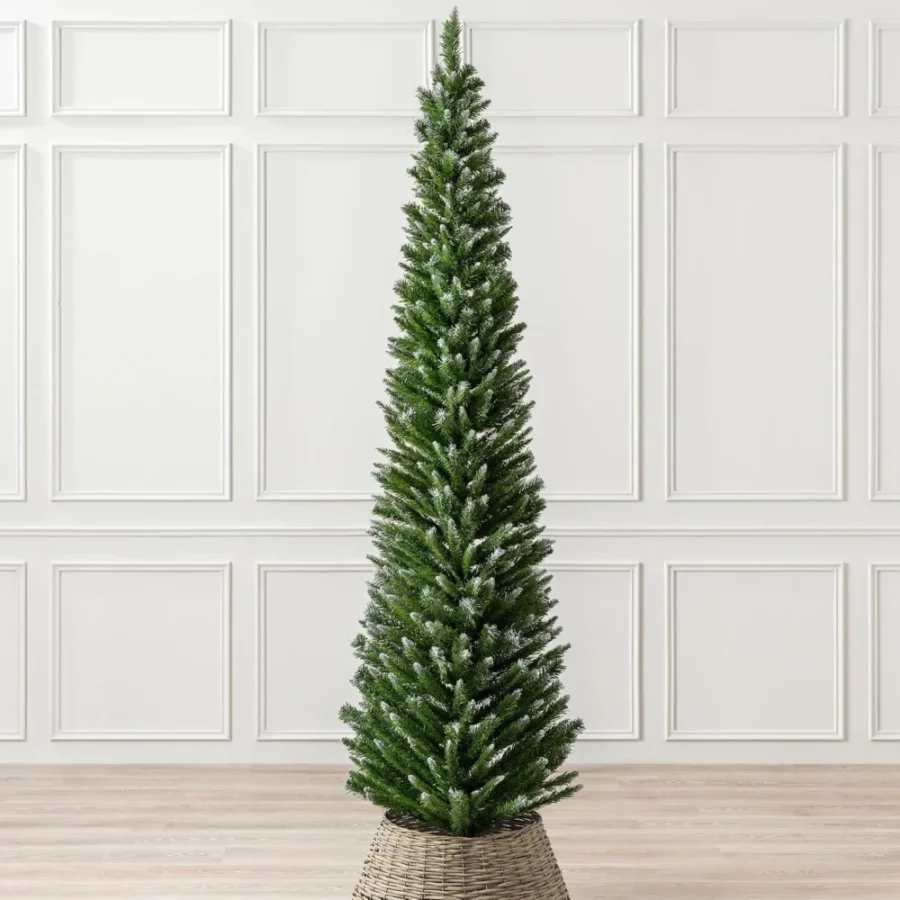 7ft frosted pencil Christmas tree, 55 cm wide, green plastic stand