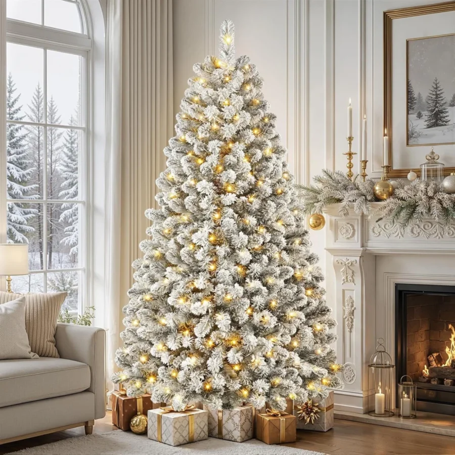 7ft snow flocked pre-lit Christmas tree, 300 LEDs, 932 tips