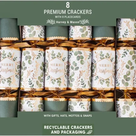 8 eucalyptus green and gold Christmas crackers, 12.5 in, place cards