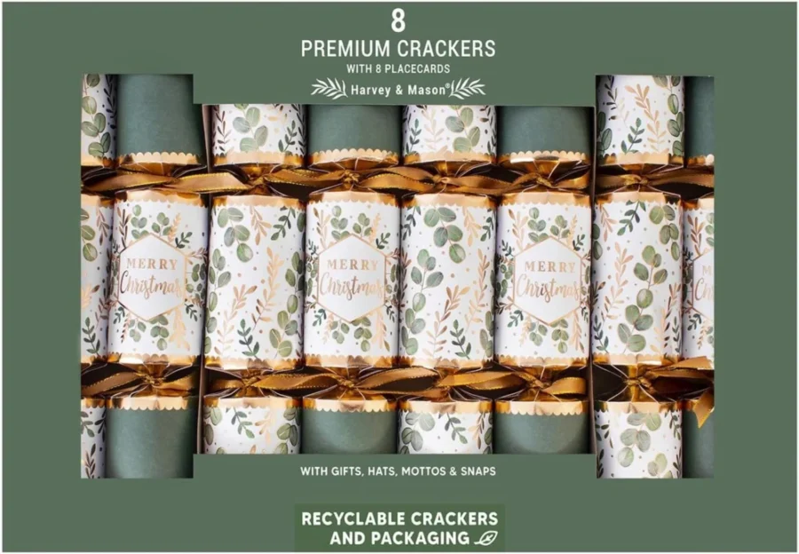 8 eucalyptus green and gold Christmas crackers, 12.5 in, place cards