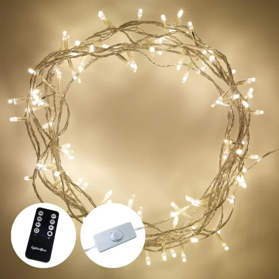 8 m clear cable fairy lights, 100 warm white LEDs, remote, timer