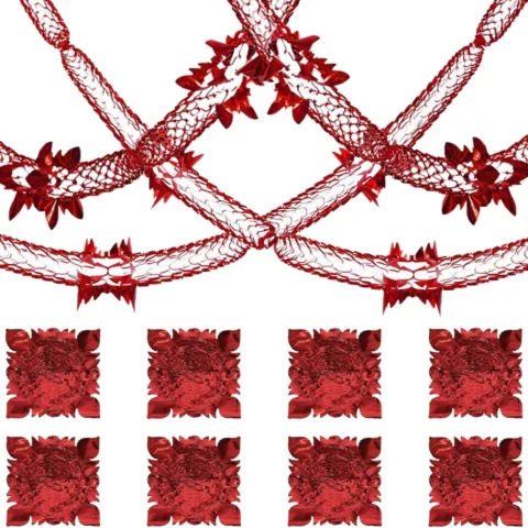 8 red foil swirl ceiling streamers, 2.7 m long, with hanging loops