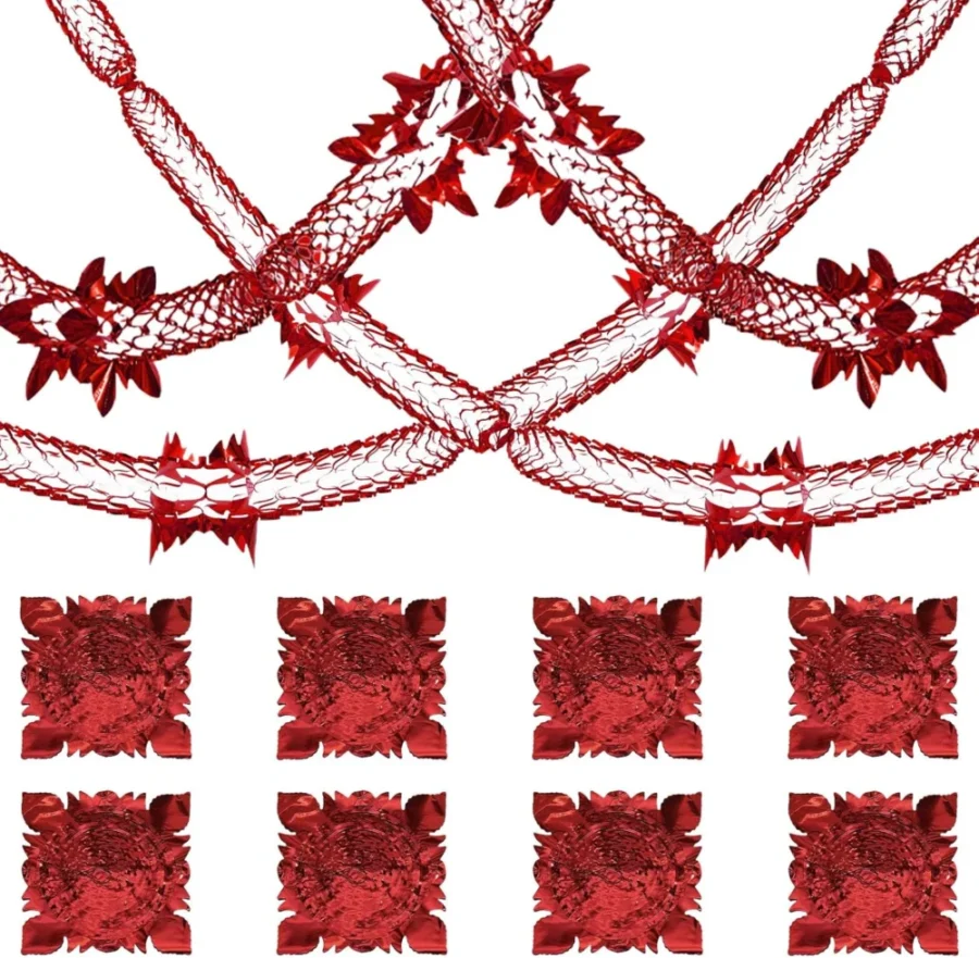 8 red foil swirl ceiling streamers, 2.7 m long, with hanging loops