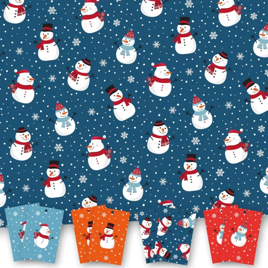 8 XL Christmas wrapping sheets, snowmen print, tags and string