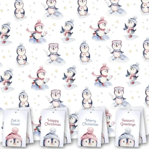 8 XL Christmas wrapping sheets with penguin print, tags and string