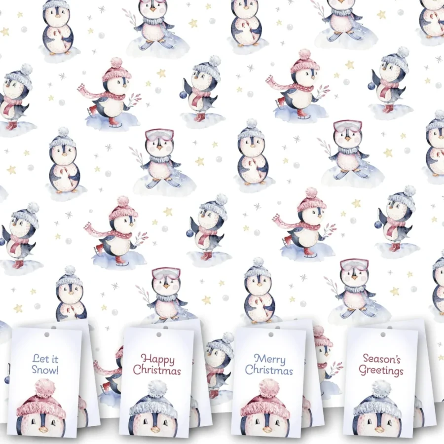 8 XL Christmas wrapping sheets with penguin print, tags and string