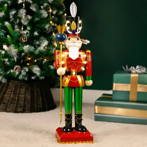 80 cm red metal nutcracker soldier with timer and warm white LEDs