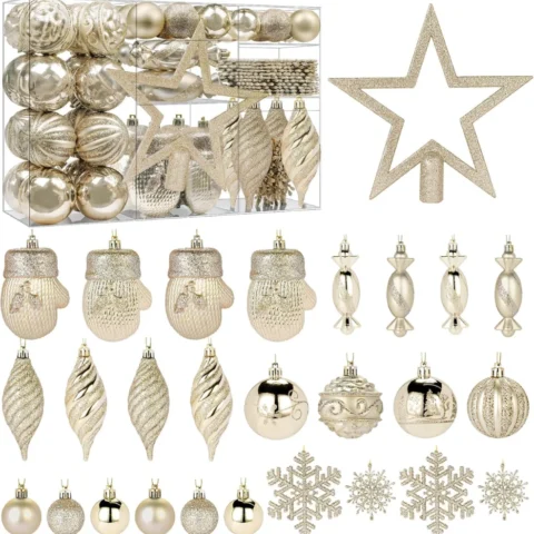 80-piece champagne gold bauble set with snowflakes and gloves