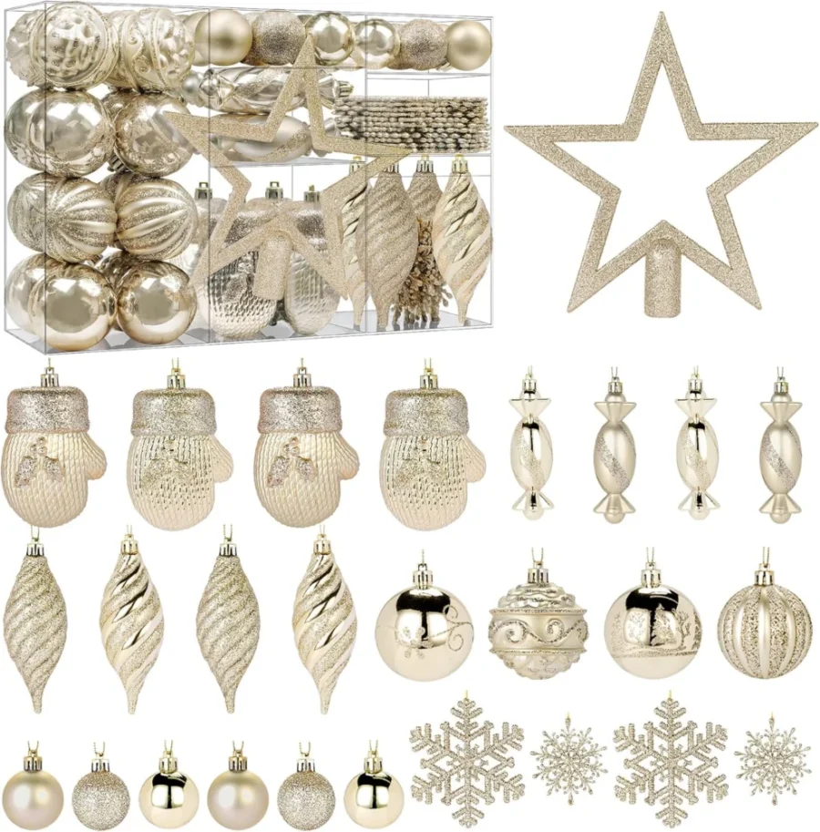 80-piece champagne gold bauble set with snowflakes and gloves