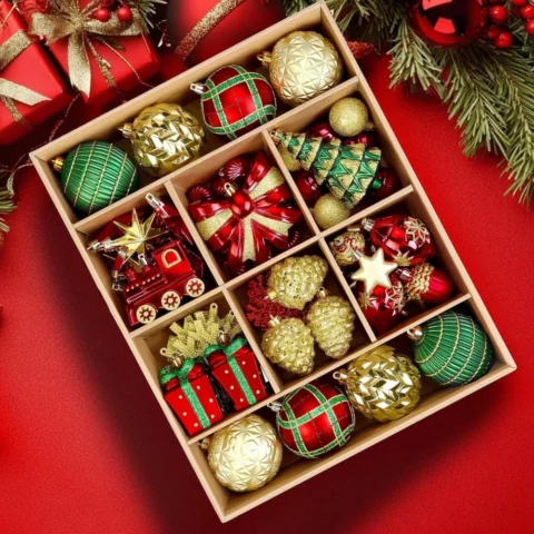 82-piece red, green and gold bauble and ornament set