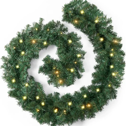 9 ft (2.7 m) green pre-lit garland with 30 warm white LEDs, battery