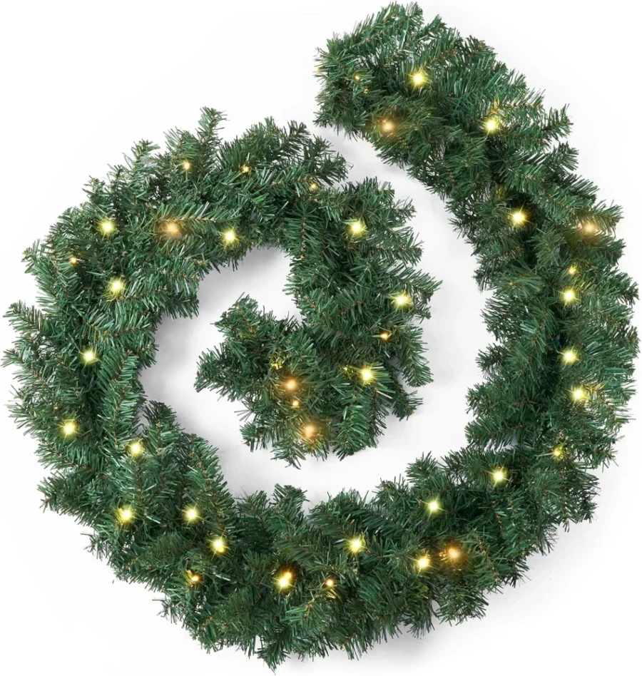 9 ft (2.7 m) green pre-lit garland with 30 warm white LEDs, battery