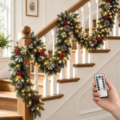9 ft (2.7 m) snowy green and red garland, 50 LEDs, remote control
