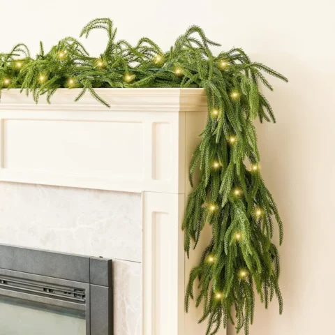 9 ft (274 cm) Norfolk pine garland, 50 warm LEDs, 8 modes, timer